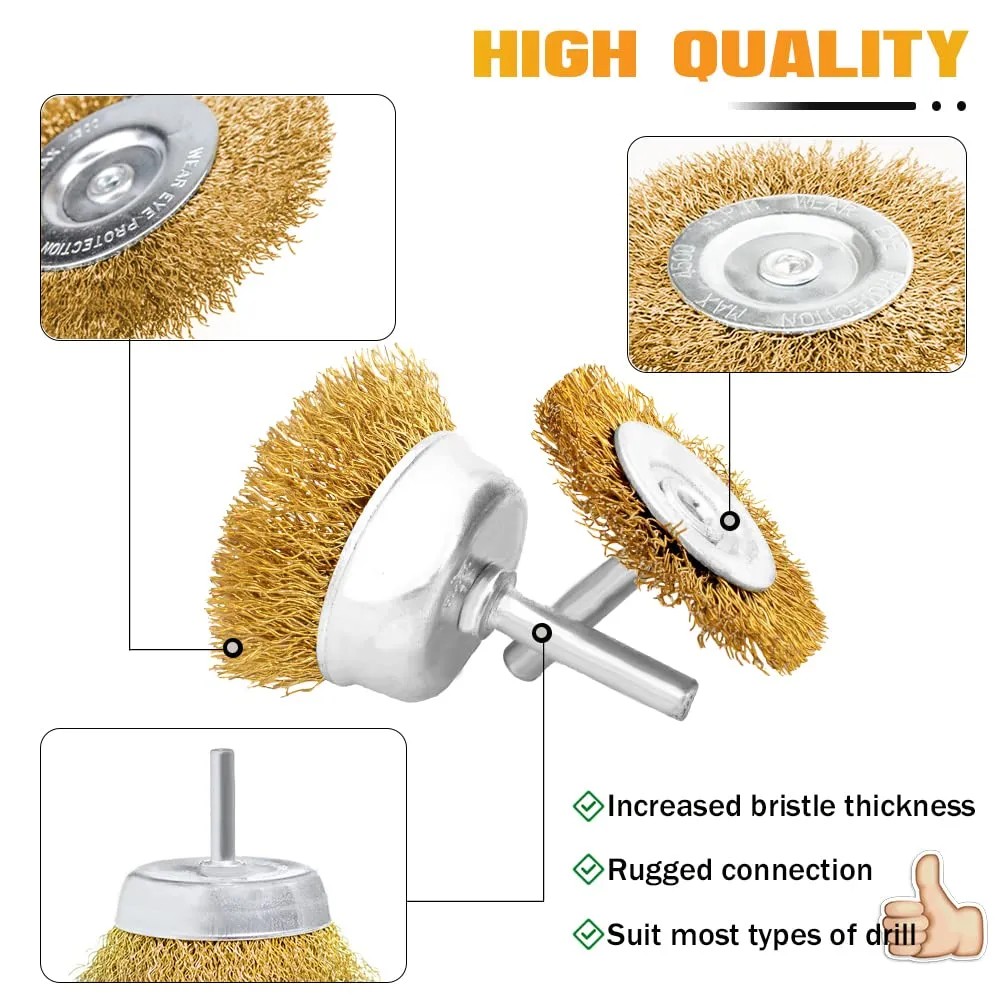 10 Pcs Wire Wheel Brush Drill with Cup, Tube, 1/4-Inch Shank Brush for Cleaning, Rust, Paint, Polishing