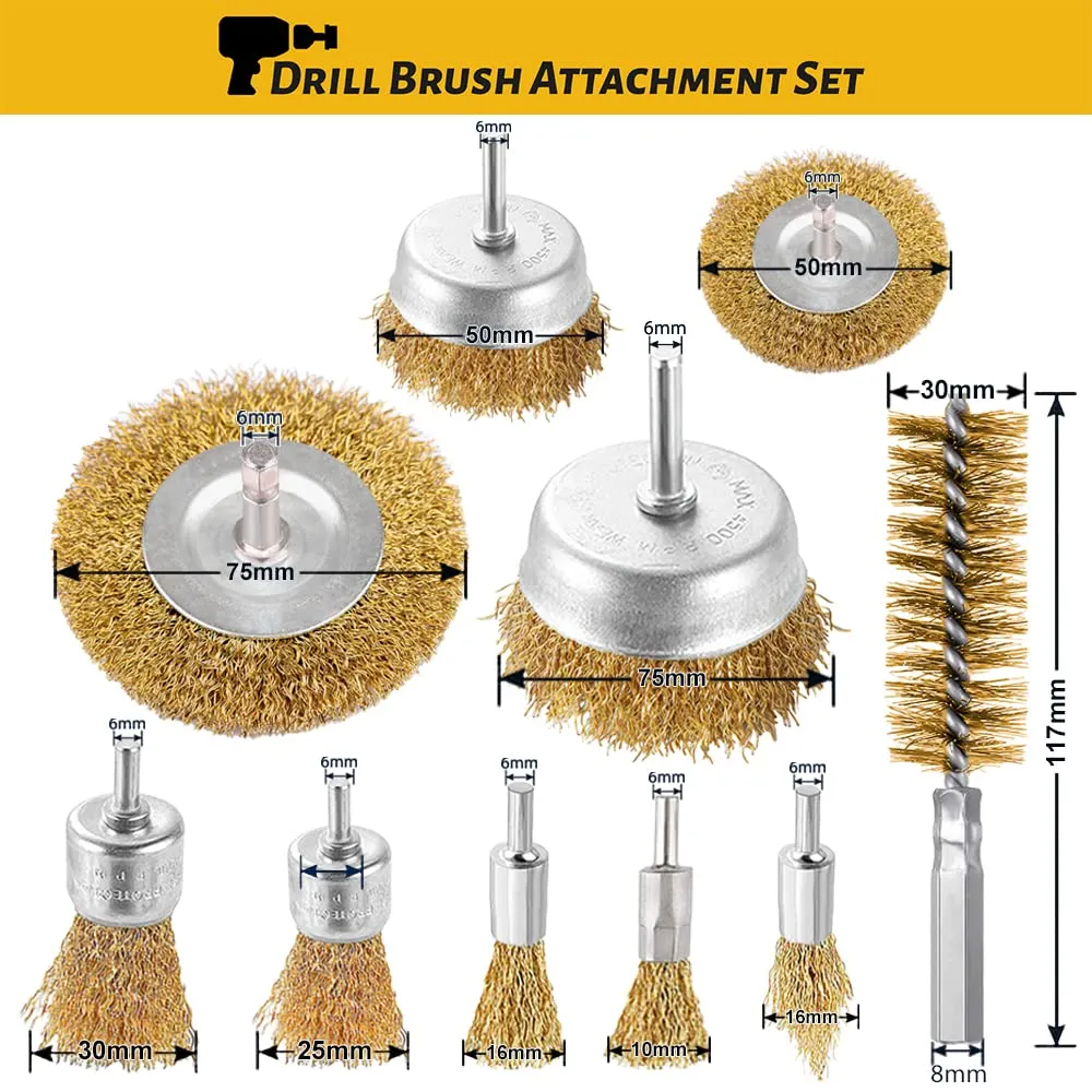 10 Pcs Wire Wheel Brush Drill with Cup, Tube, 1/4-Inch Shank Brush for Cleaning, Rust, Paint, Polishing