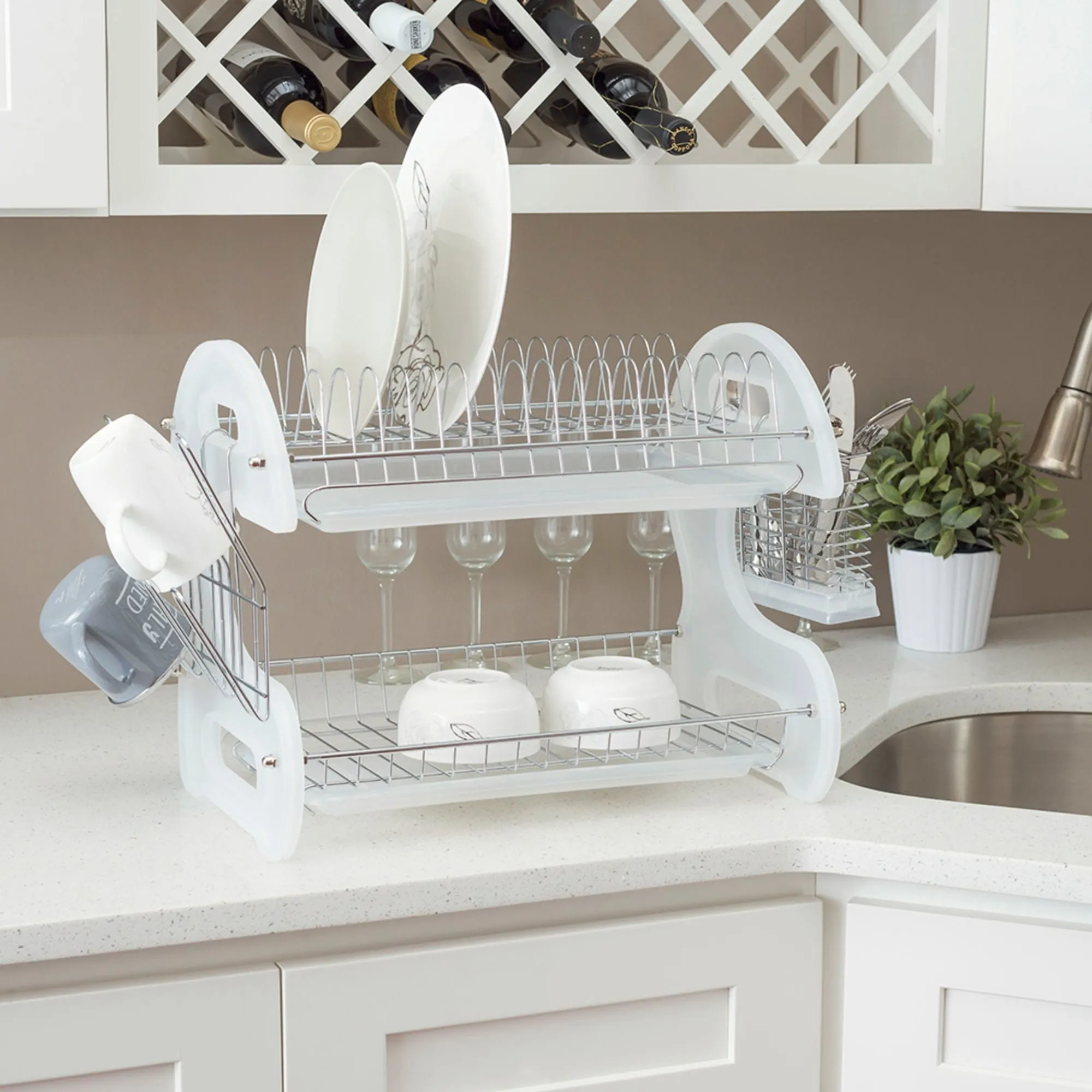 2 Tier Plastic Dish Drainer, White