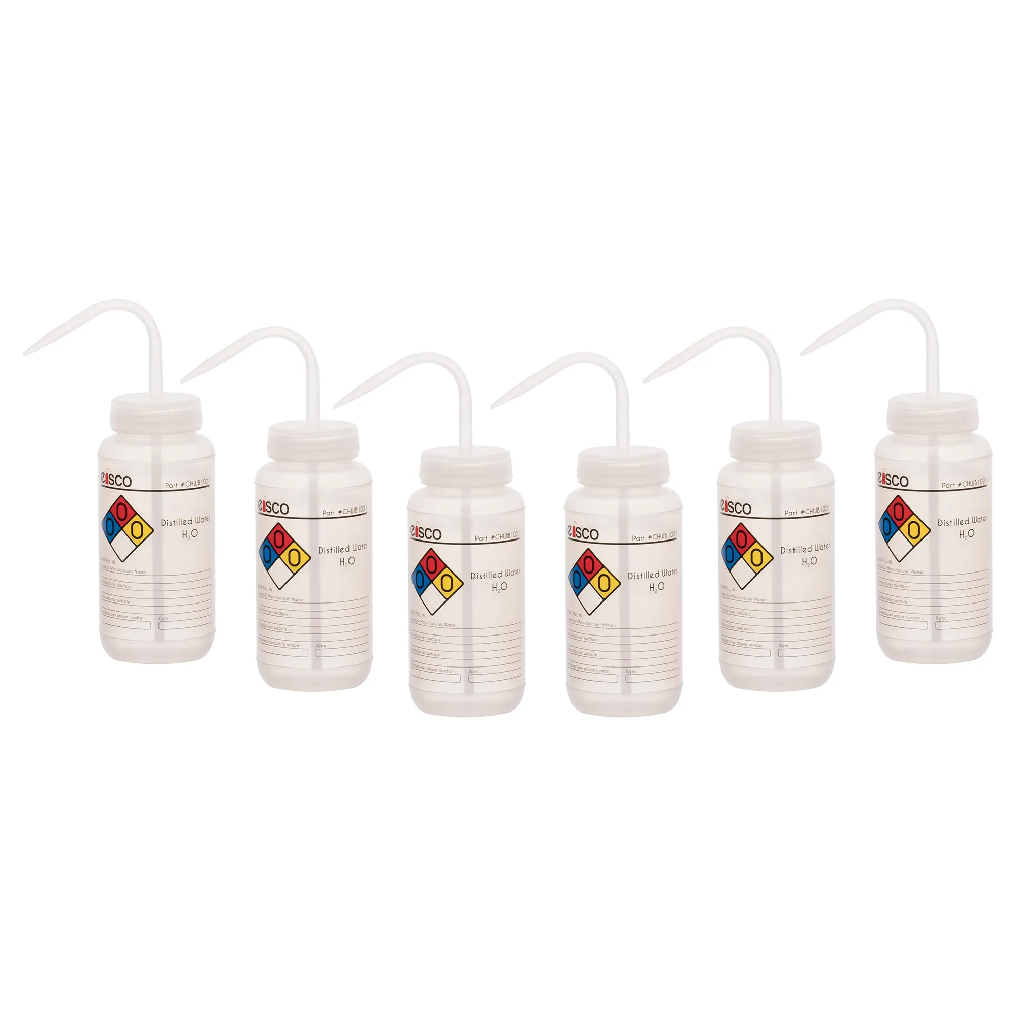 6PK Performance Plastic Wash Bottle, Distilled Water, 500 ml - Labeled (4 Color)