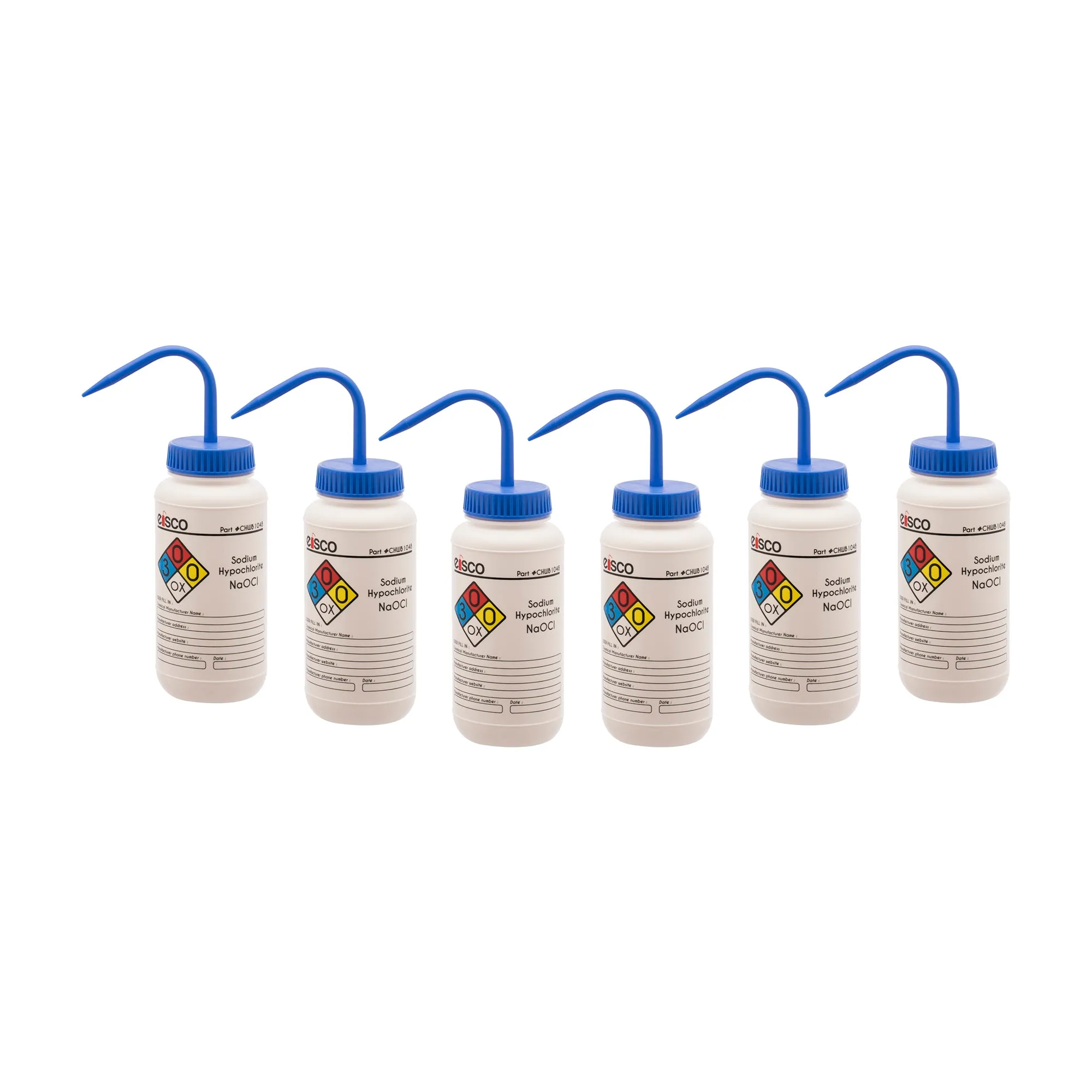 6PK Performance Plastic Wash Bottle,  Sodium Hypochlorite (Bleach), 500 ml - Labeled (4 Color)