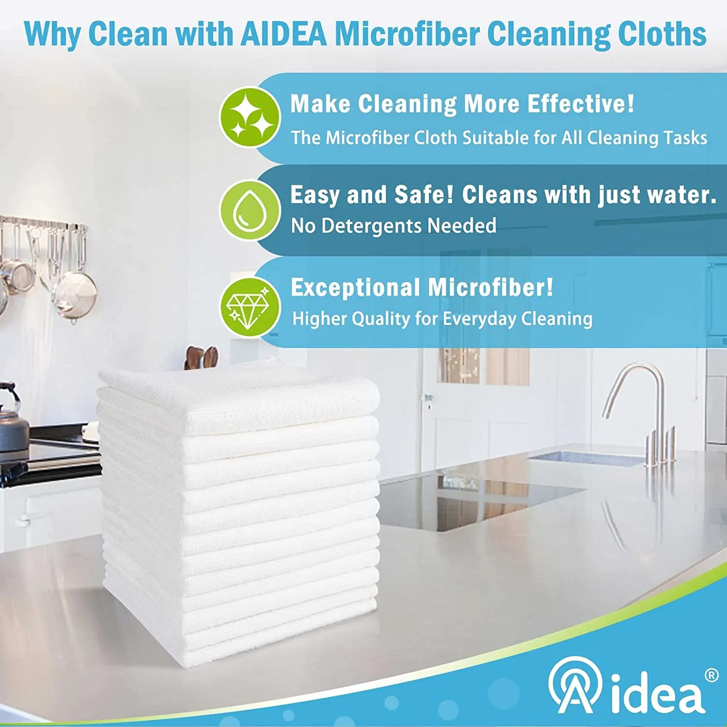 AIDEA Microfiber Cleaning Cloths White-12Pack, Strong Water Absorption, Lint-Free, Scratch-Free, Streak-Free, Dish Towels White (11.5in.x 11.5in.)