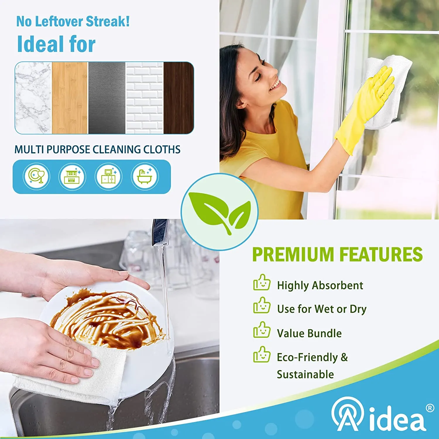 AIDEA Microfiber Cleaning Cloths White-12Pack, Strong Water Absorption, Lint-Free, Scratch-Free, Streak-Free, Dish Towels White (11.5in.x 11.5in.)