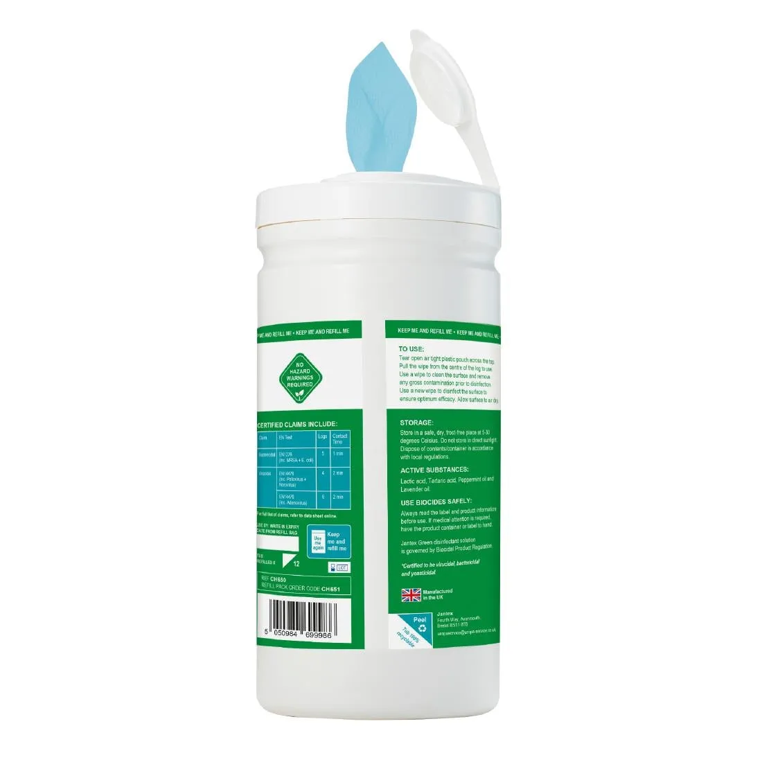 CH650 Jantex Green Surface Sanitiser Wipes Starter Tub 200mm (Pack of 200)