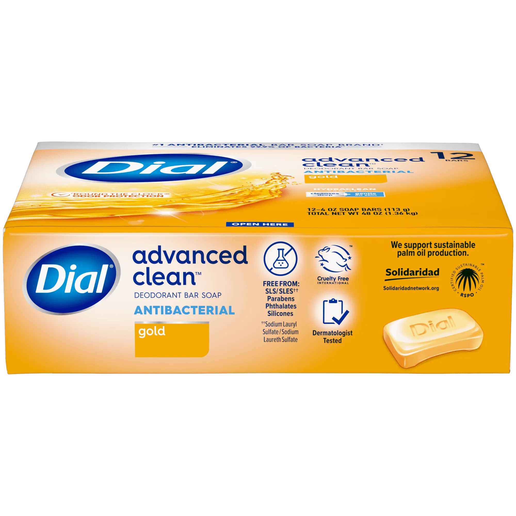 Dial Antibacterial Deodorant Bar Soap, Advanced Clean, Gold, 4 oz, 12 Bars