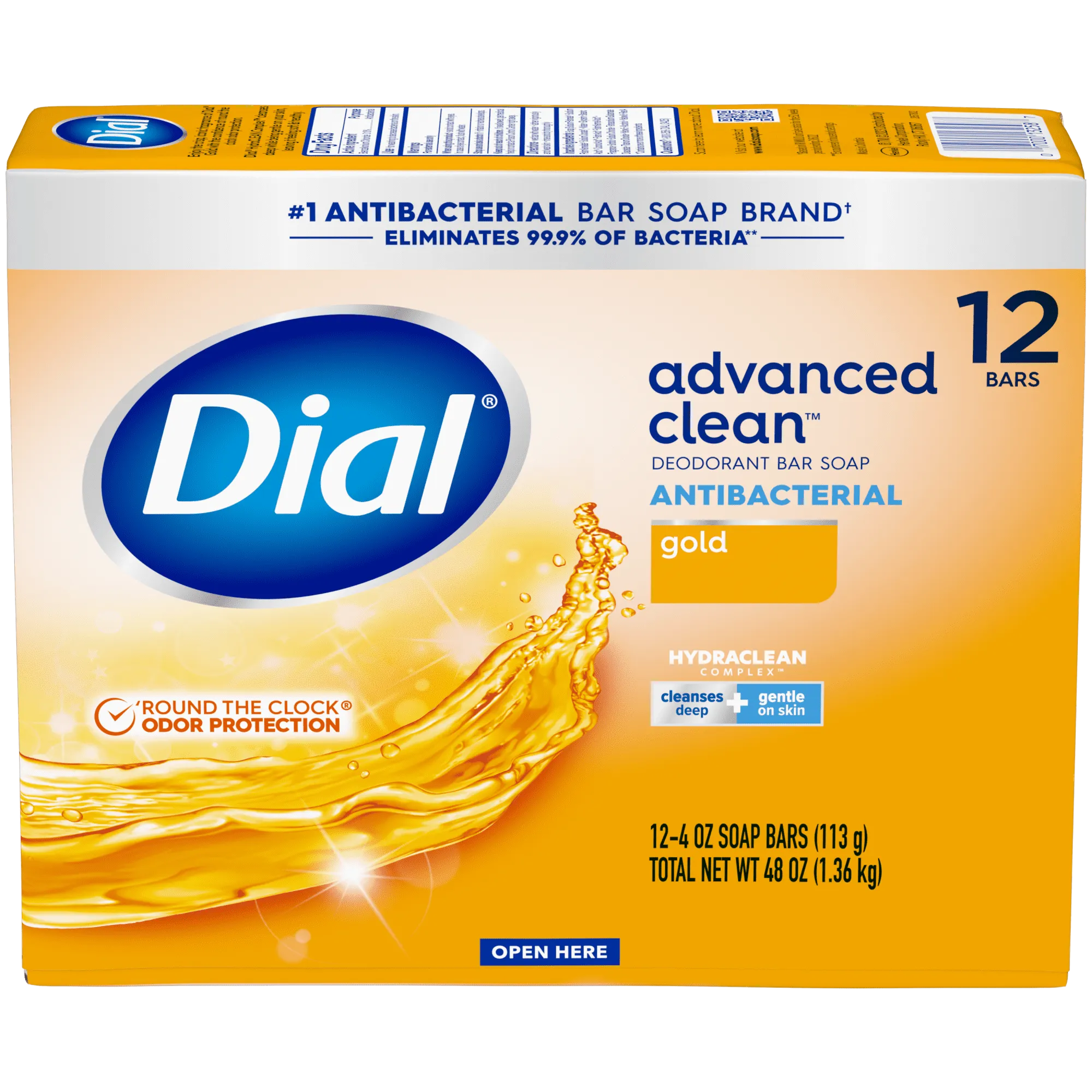 Dial Antibacterial Deodorant Bar Soap, Advanced Clean, Gold, 4 oz, 12 Bars