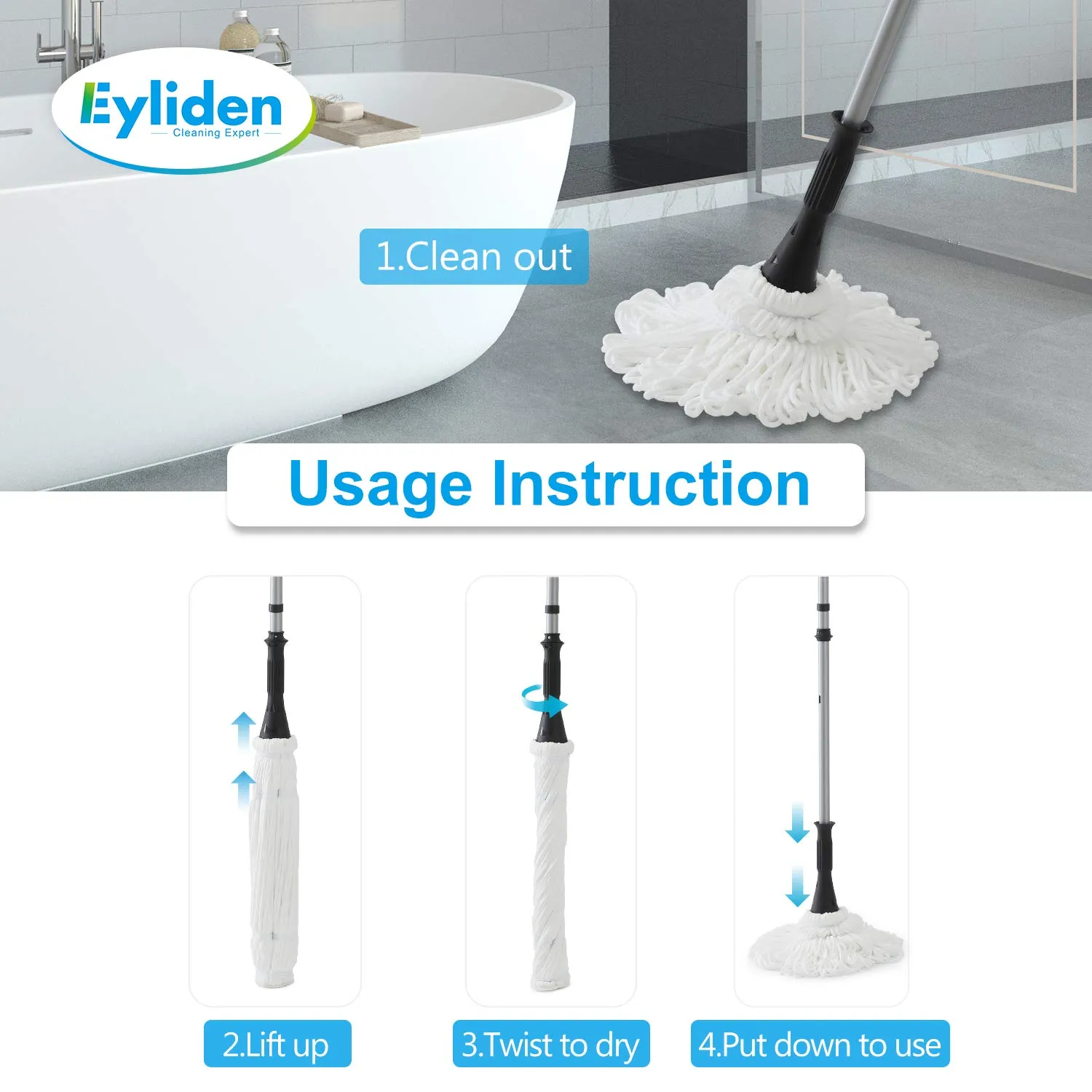 Eyliden Mop with 2 Reusable Heads, Easy Wringing Twist Mop, with 57.5 inch Long Handle, Wet Mops for Floor Cleaning, Commercial Household Clean Hardwood, Vinyl, Tile, and More (Silver, Red, Blue, Grey)