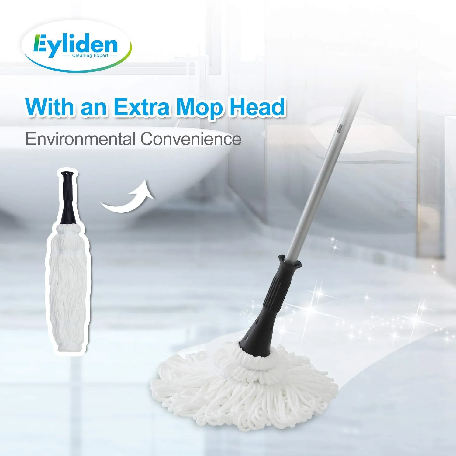 Eyliden Mop with 2 Reusable Heads, Easy Wringing Twist Mop, with 57.5 inch Long Handle, Wet Mops for Floor Cleaning, Commercial Household Clean Hardwood, Vinyl, Tile, and More (Silver, Red, Blue, Grey)