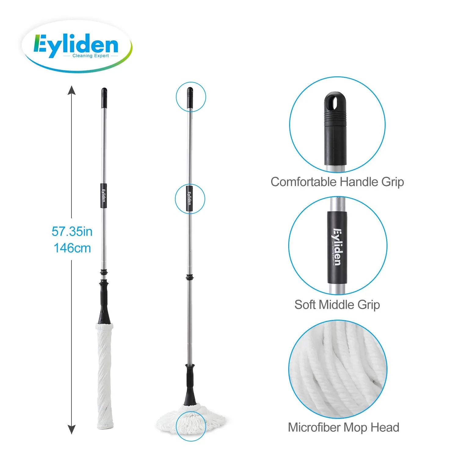 Eyliden Mop with 2 Reusable Heads, Easy Wringing Twist Mop, with 57.5 inch Long Handle, Wet Mops for Floor Cleaning, Commercial Household Clean Hardwood, Vinyl, Tile, and More (Silver, Red, Blue, Grey)