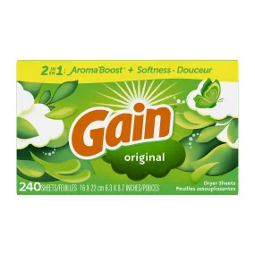 Gain Dryer Sheets, 240 Count, Original Scent Laundry Fabric Softener Sheets with 2-in-1 Aromaboost Plus Softness