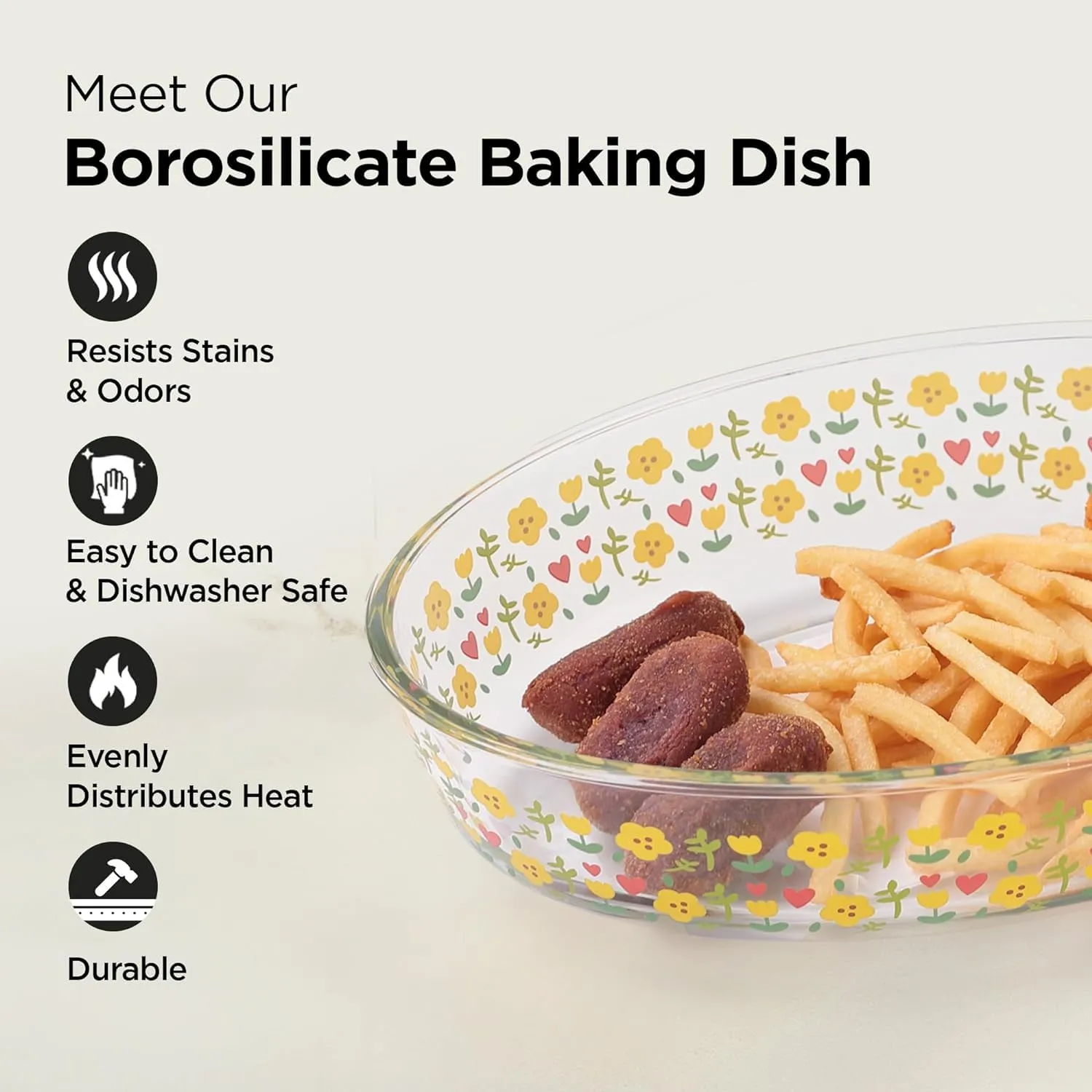 Homestic 700 ml Borosilicate Printed Glass Baking Tray | Transparent Microwave Oven Safe Utensils | Oval Bread Moulds for Baking | Dishwasher Safe | Multipurpose use Serving Tray