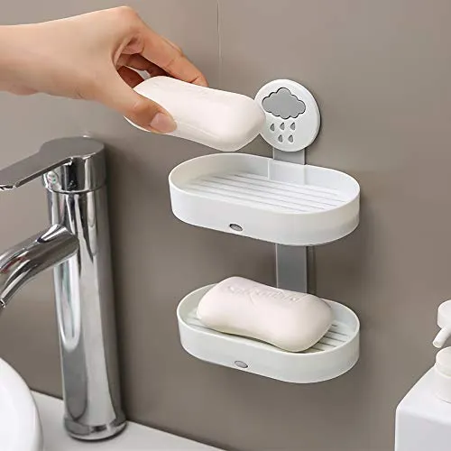 Homestic Soap Holder | 2-Tier Bathroom Soap Tray | Soap Holder for Kitchen Sink | Wash Basin Soap Holder | Hanging Sink Organizer Plate | Self Adheshive Soap Holder | 9658WH | White