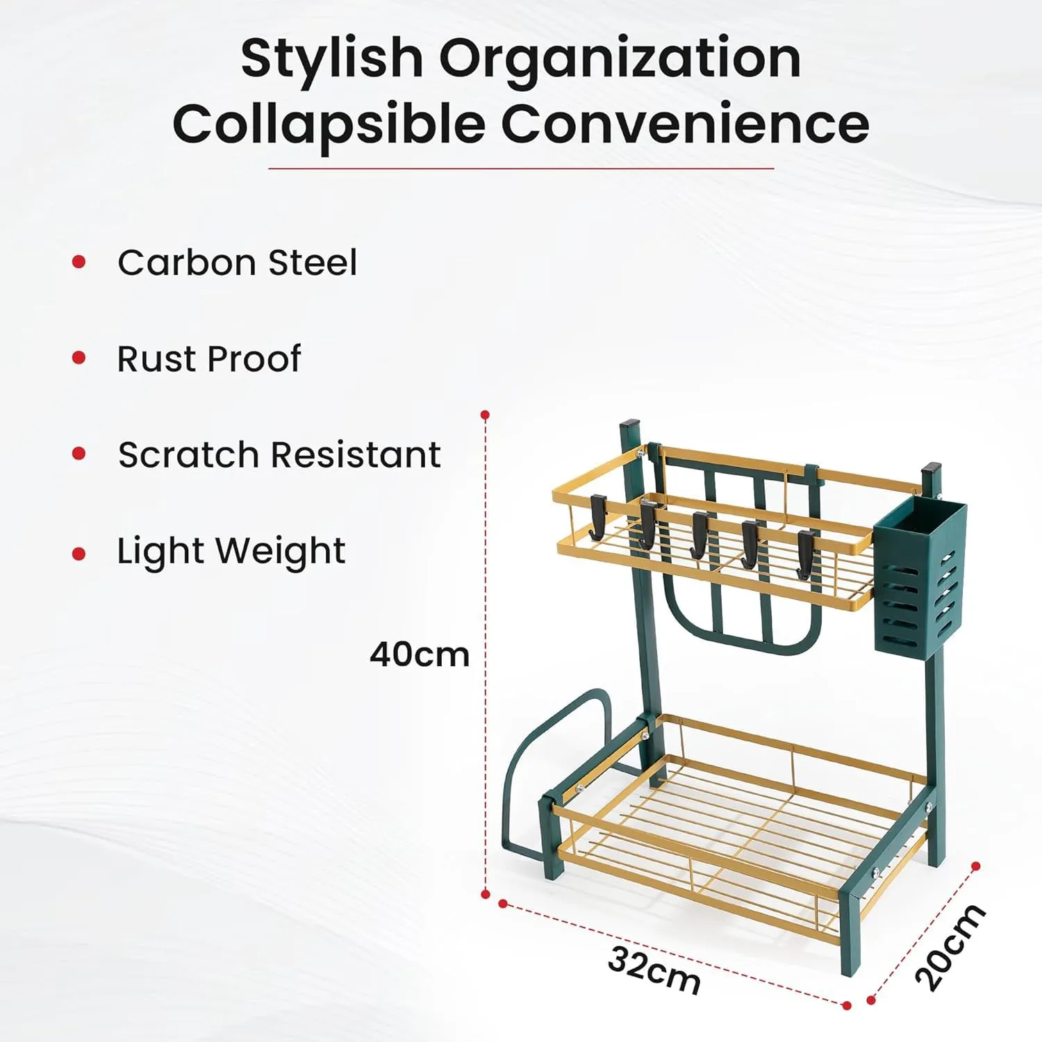 Kuber Industries 2-Layer Dish Drying Rack|Storage Rack for Kitchen Counter|Drainboard & Cutting Board Holder|Premium Utensils Basket (Gold & Green)