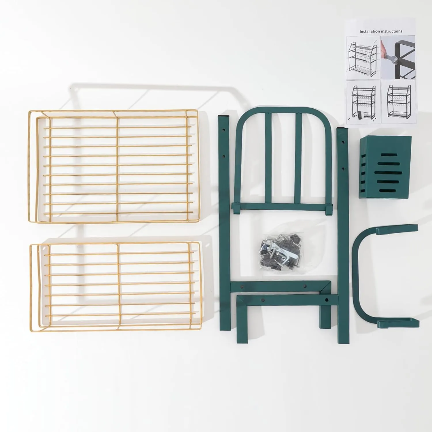 Kuber Industries 2-Layer Dish Drying Rack|Storage Rack for Kitchen Counter|Drainboard & Cutting Board Holder|Premium Utensils Basket (Gold & Green)