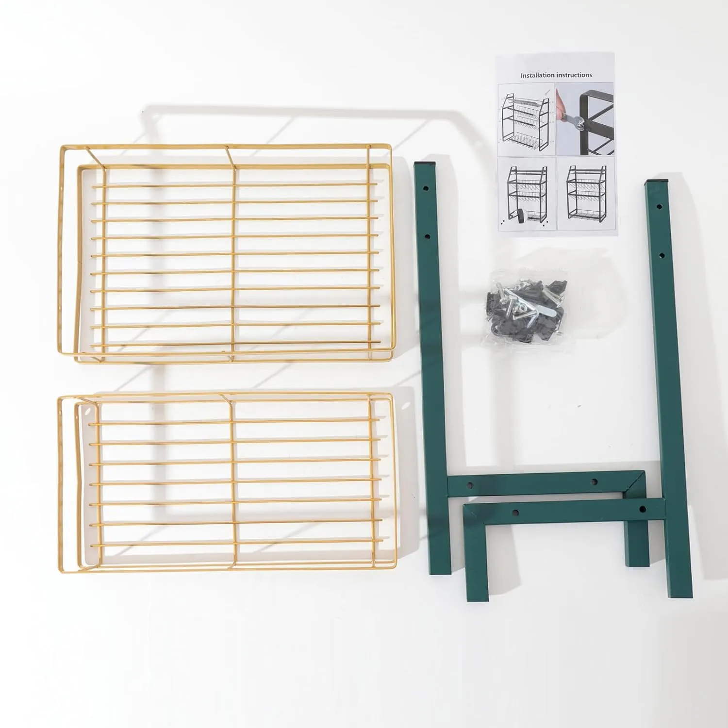 Kuber Industries 2-Layer Dish Drying Rack|Storage Rack for Kitchen Counter|Drainboard & Cutting Board Holder|Premium Utensils Basket Pack of 4 (Green & Gold)