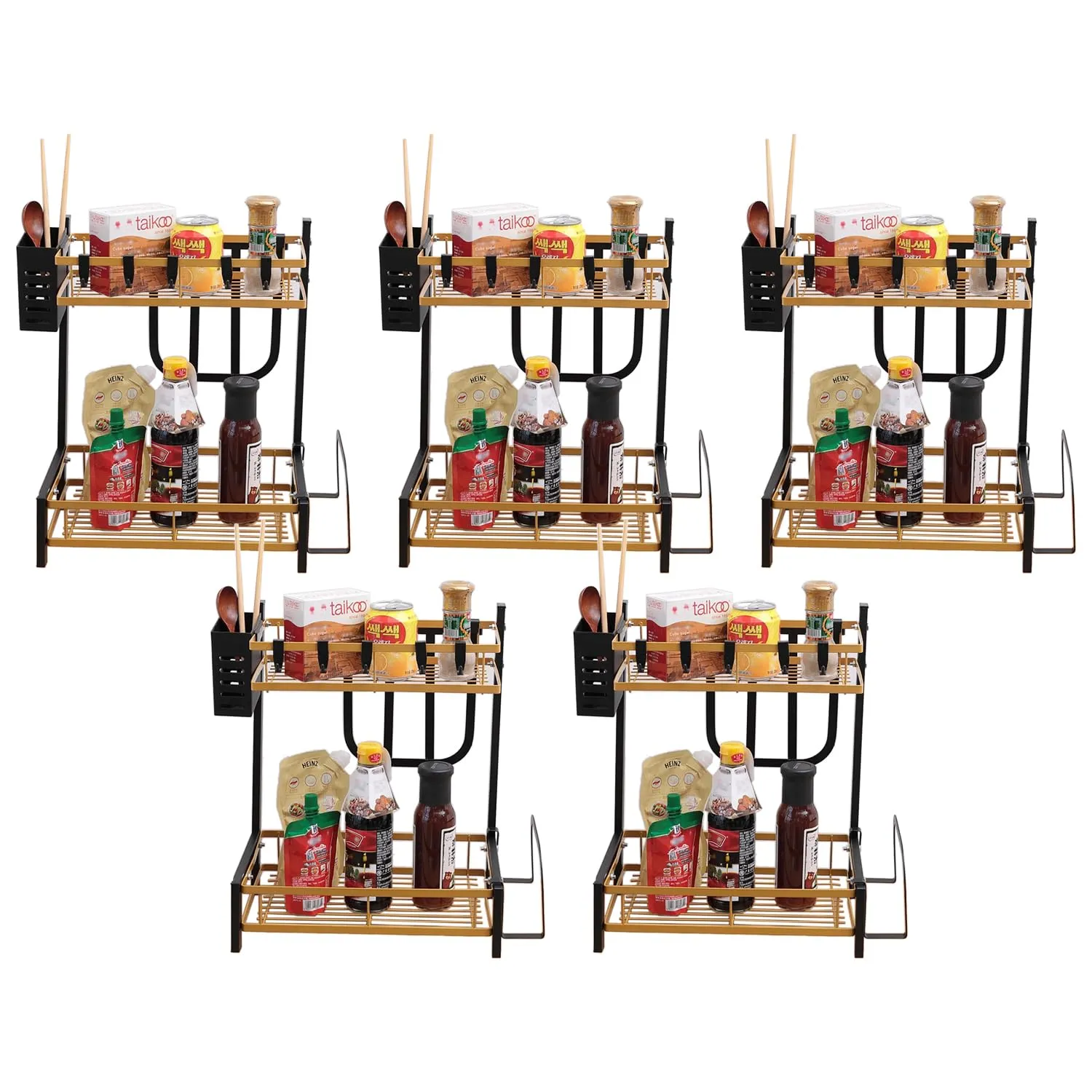 Kuber Industries 2-Layer Dish Drying Rack|Storage Rack for Kitchen Counter|Drainboard & Cutting Board Holder|Premium Utensils Basket Pack of 5 (Gold & Black)