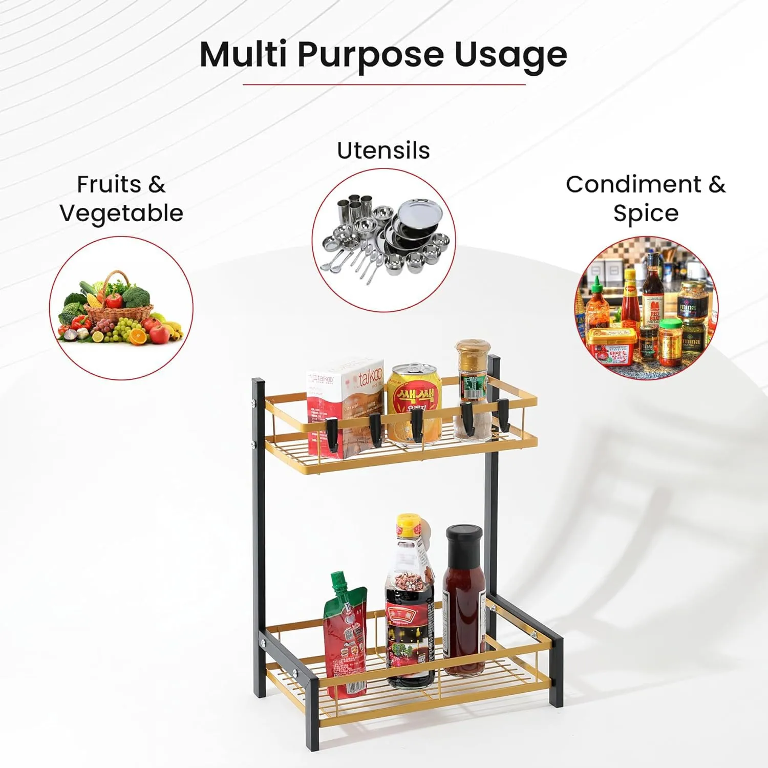 Kuber Industries 2-Layer Dish Drying Rack|Storage Rack for Kitchen Counter|Drainboard & Cutting Board Holder|Premium Utensils Basket Pack of 5 (Gold & Black)