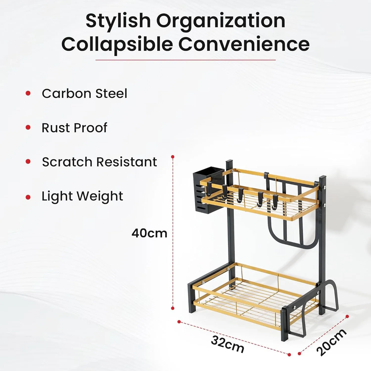 Kuber Industries 2-Layer Dish Drying Rack|Storage Rack for Kitchen Counter|Drainboard & Cutting Board Holder|Premium Utensils Basket Pack of 5 (Gold & Black)