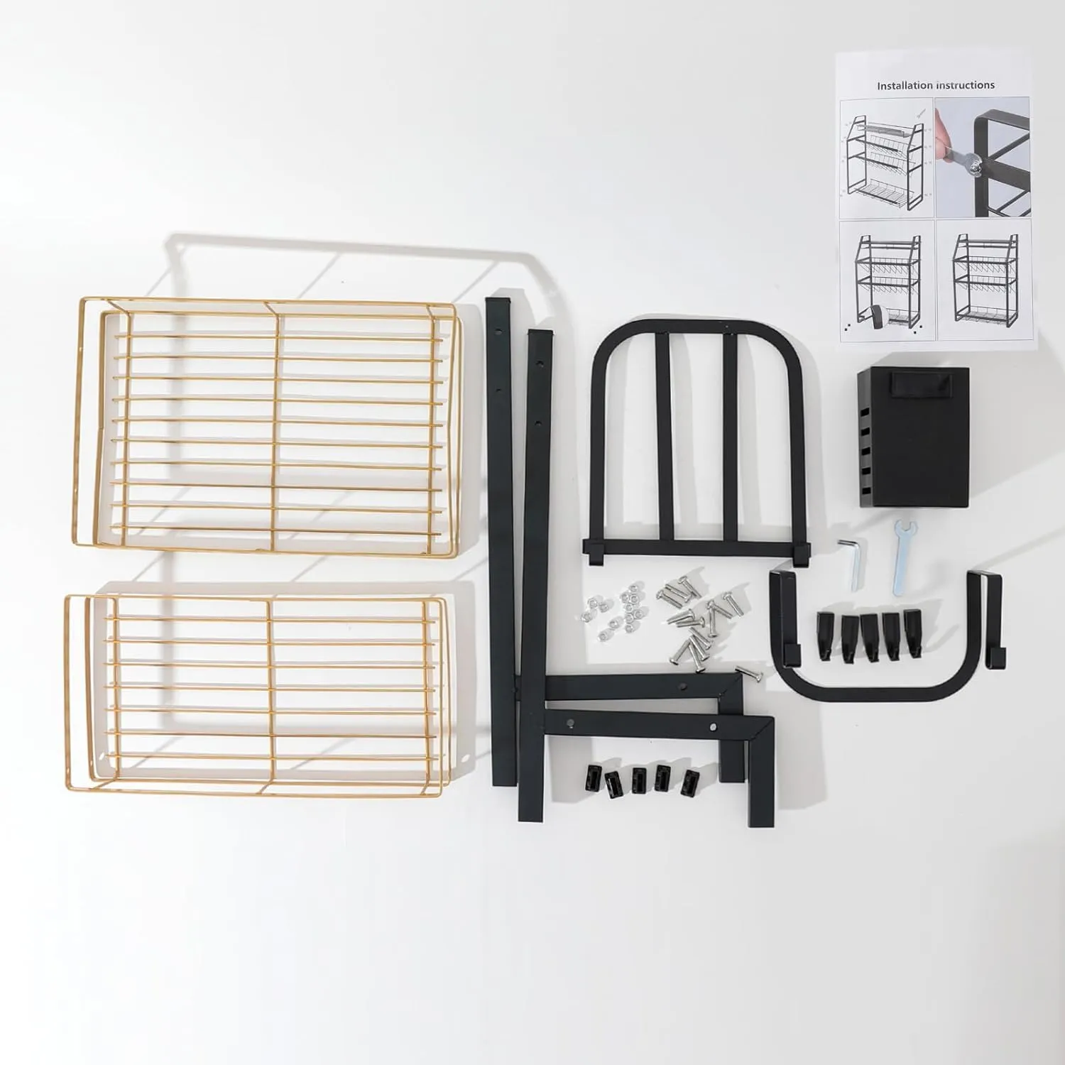 Kuber Industries 2-Layer Dish Drying Rack|Storage Rack for Kitchen Counter|Drainboard & Cutting Board Holder|Premium Utensils Basket Pack of 5 (Gold & Black)