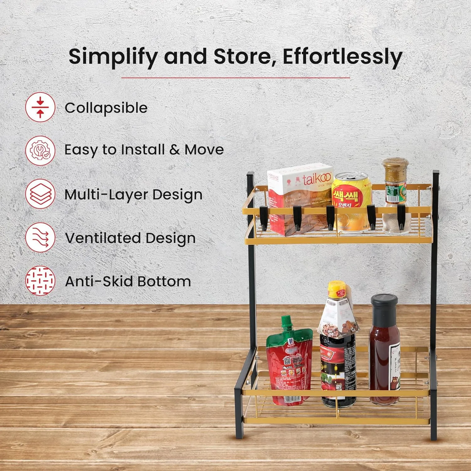 Kuber Industries 2-Layer Dish Drying Rack|Storage Rack for Kitchen Counter|Drainboard & Cutting Board Holder|Premium Utensils Basket Pack of 5 (Gold & Black)