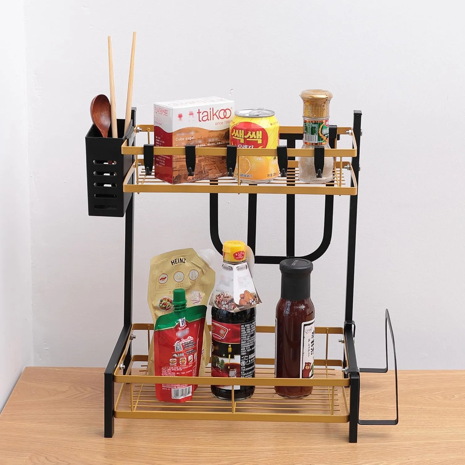 Kuber Industries 2-Layer Dish Drying Rack|Storage Rack for Kitchen Counter|Drainboard & Cutting Board Holder|Premium Utensils Basket Pack of 5 (Gold & Black)