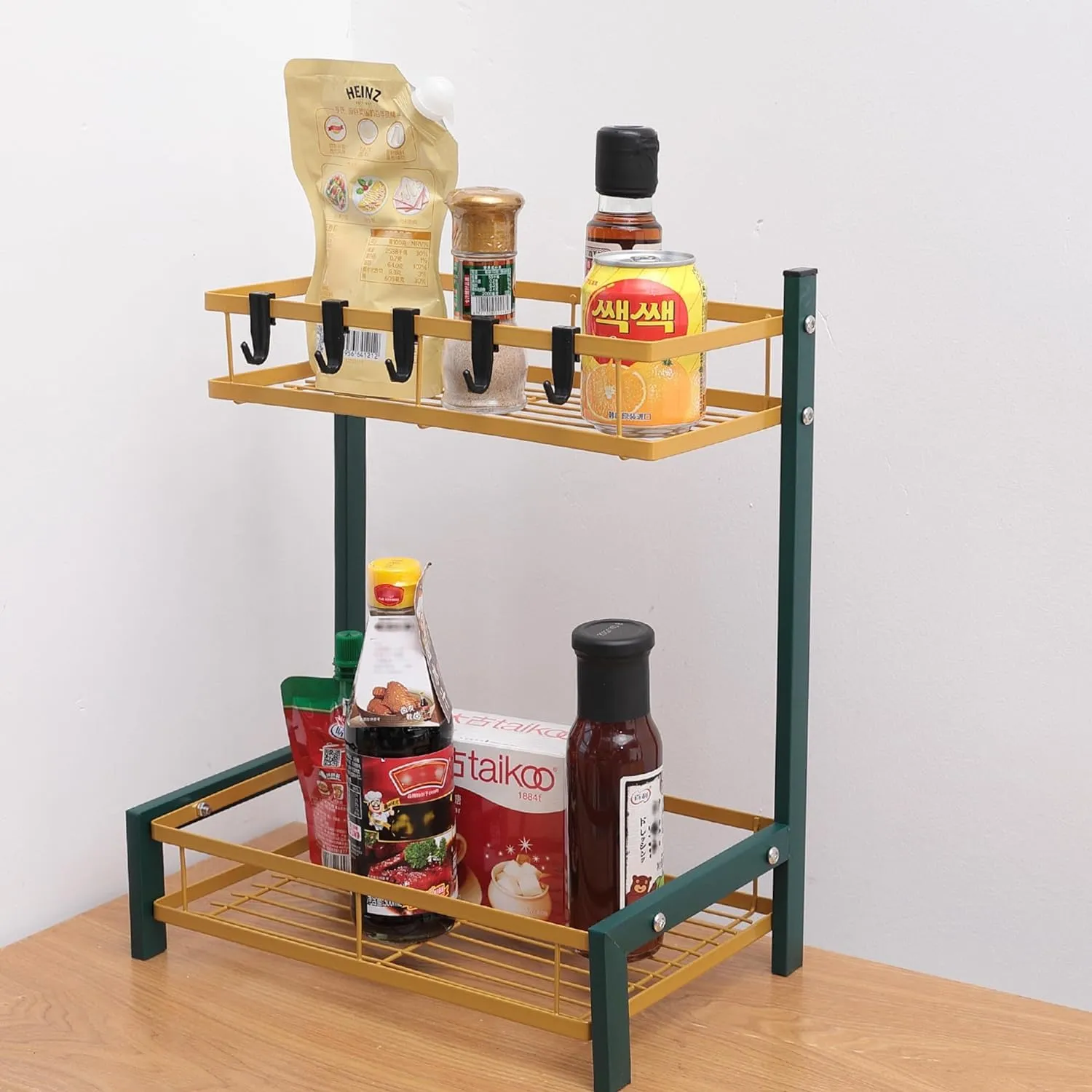 Kuber Industries 2-Layer Dish Drying Rack|Storage Rack for Kitchen Counter|Drainboard & Cutting Board Holder|Premium Utensils Basket Pack of 5 (Green & Gold)