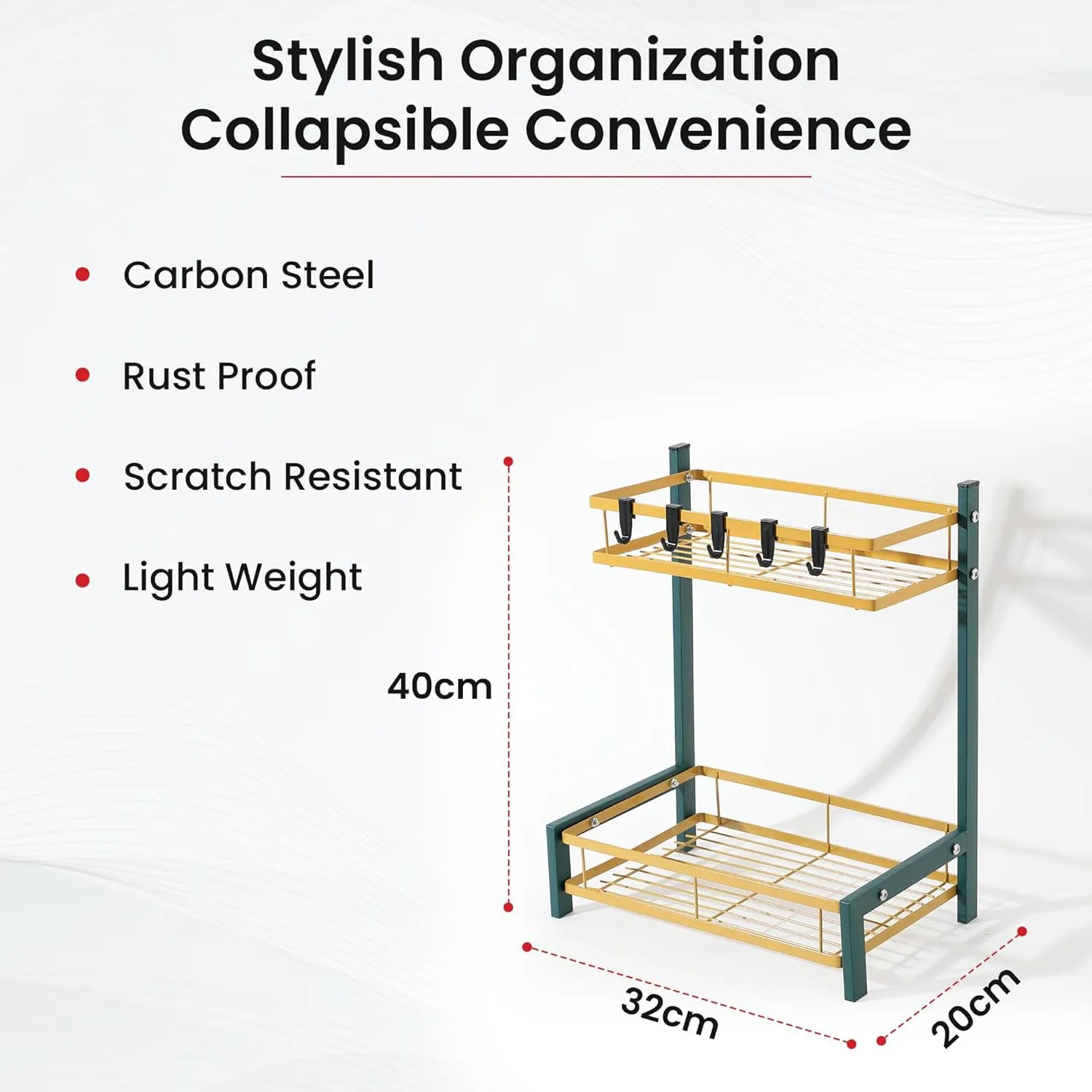 Kuber Industries 2-Layer Dish Drying Rack|Storage Rack for Kitchen Counter|Drainboard & Cutting Board Holder|Premium Utensils Basket Pack of 5 (Green & Gold)