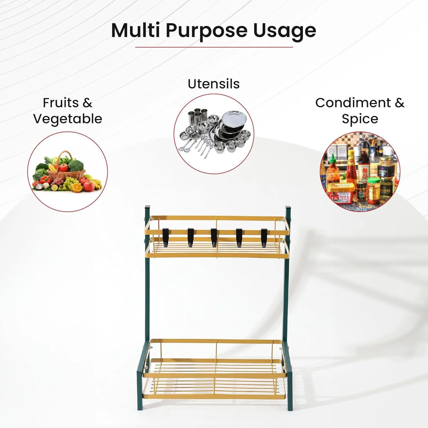 Kuber Industries 2-Layer Dish Drying Rack|Storage Rack for Kitchen Counter|Drainboard & Cutting Board Holder|Premium Utensils Basket Pack of 5 (Green & Gold)