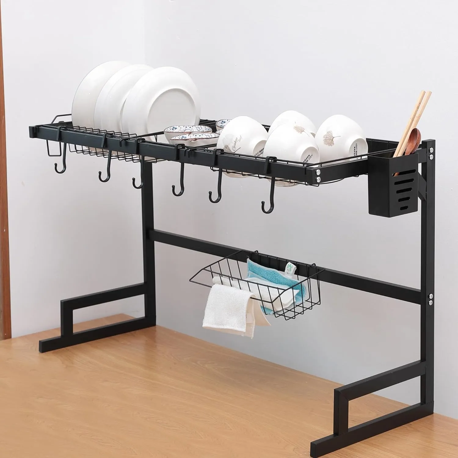 Kuber Industries Dish Drying Rack|Storage Rack for Kitchen Counter|Drainboard & Cutting Board Holder|Premium Utensils Basket Pack of 2 (Black)