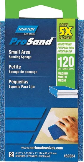 Norton ProSand 82064 Sanding Sponge, 4-1/2 in L, 2-11/16 in W, 120 Grit, Coarse, Aluminum Oxide Abrasive :PK  2: QUANTITY: 1