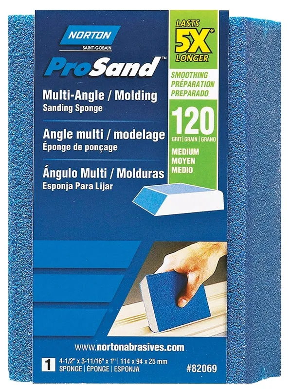 Norton ProSand 82069 Sanding Sponge, 4-1/2 in L, 3-11/16 in W, 120 Grit, Medium, Aluminum Oxide Abrasive :EA: QUANTITY: 1