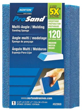 Norton ProSand 82069 Sanding Sponge, 4-1/2 in L, 3-11/16 in W, 120 Grit, Medium, Aluminum Oxide Abrasive :EA: QUANTITY: 1
