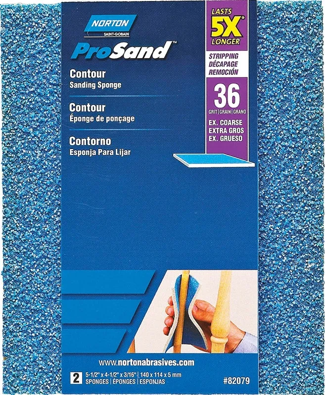 Norton ProSand 82079 Sanding Sponge, 5-1/2 in L, 4-1/2 in W, 36 Grit, Extra Coarse, Aluminum Oxide Abrasive :PK  2: QUANTITY: 1