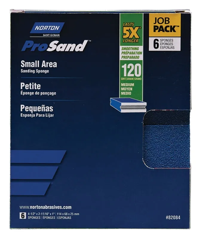 Norton ProSand 82084 Sanding Sponge, 4-1/2 in L, 2-11/16 in W, 120 Grit, Medium, Aluminum Oxide Abrasive :PK  6: QUANTITY: 1