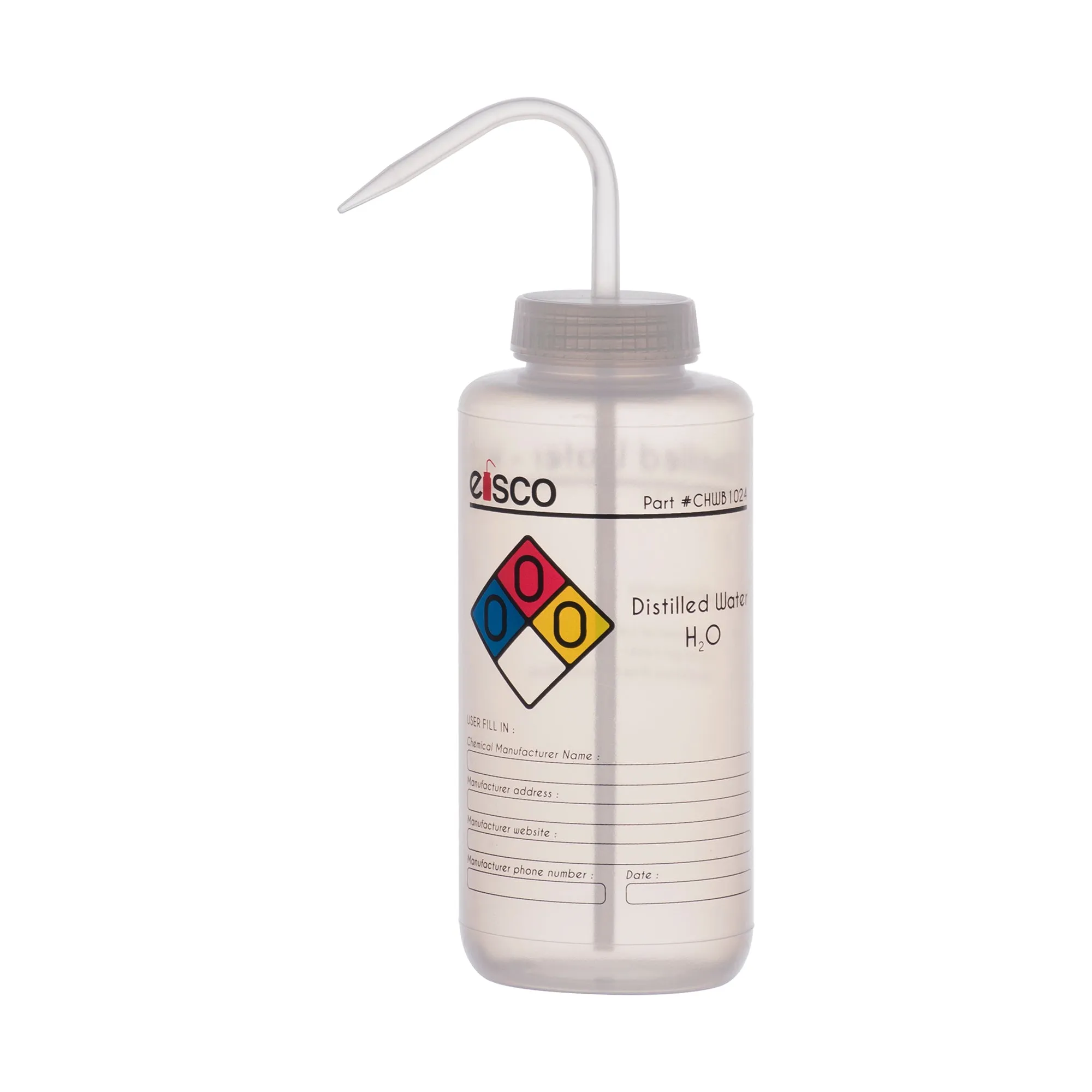 Performance Plastic Wash Bottle, Distilled Water, 1000 ml - Labeled (4 Color)