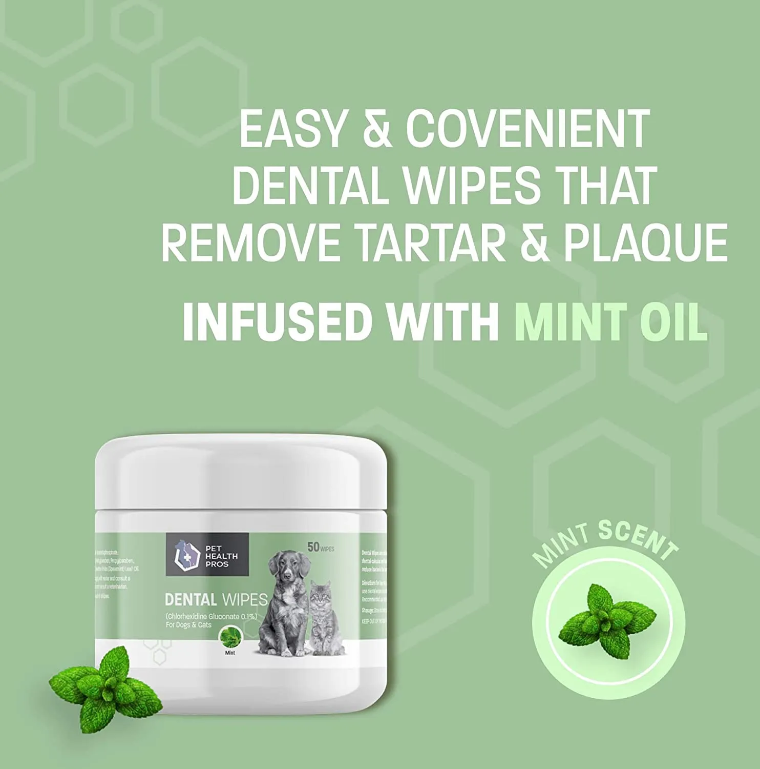 Pet Health Pros; Dental Wipes for Dogs & Cats; Fresh Breath, Plaque Removal, Tartar Control; Pack of 50, Mint Scented