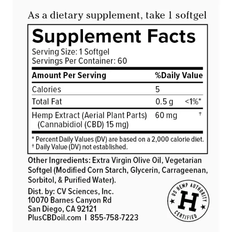 Plus CBD Oil Gold Softgels - 15mg CBD per softgel (60ct bottle) *NEW LOOK - SAME GREAT FORMULA*