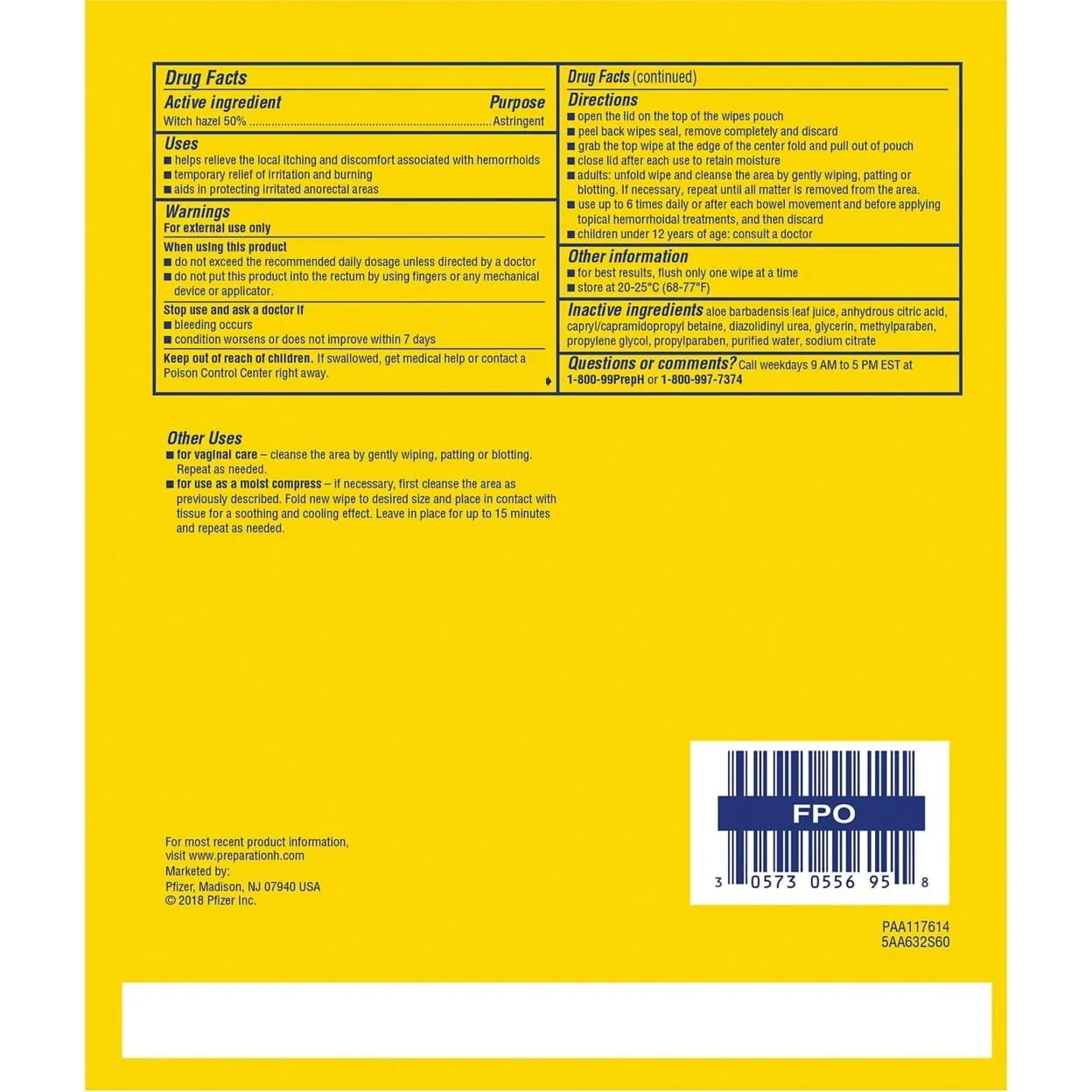 Preparation H Medicated Wipes Pouch, Maximum Strength Witch Hazel/Aloe (180 ct.)