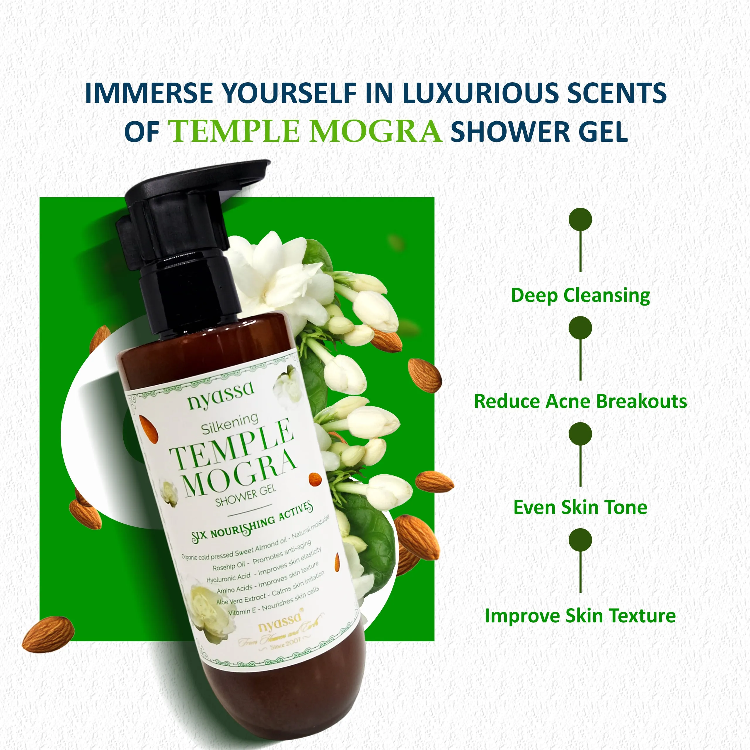 Silkening and relaxing Temple Mogra Shower Gel with 6 nourishing actives