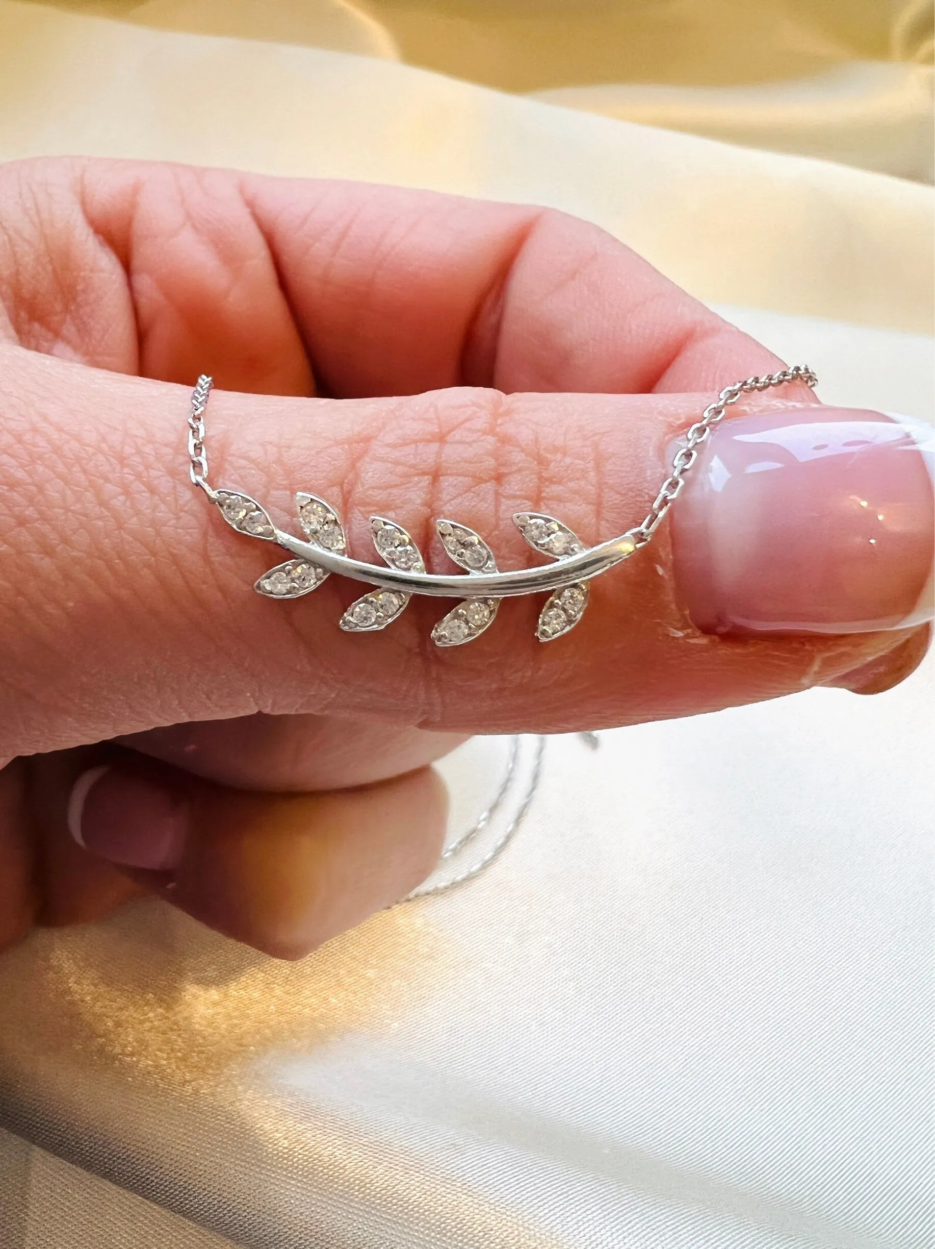 Silver CZ Olive Branch Necklace| Minimalist Floral Necklace| Pave Olive Leaf Pendant| Ancient Greek Jewelry | Diamond Leaf Pendant in Silver