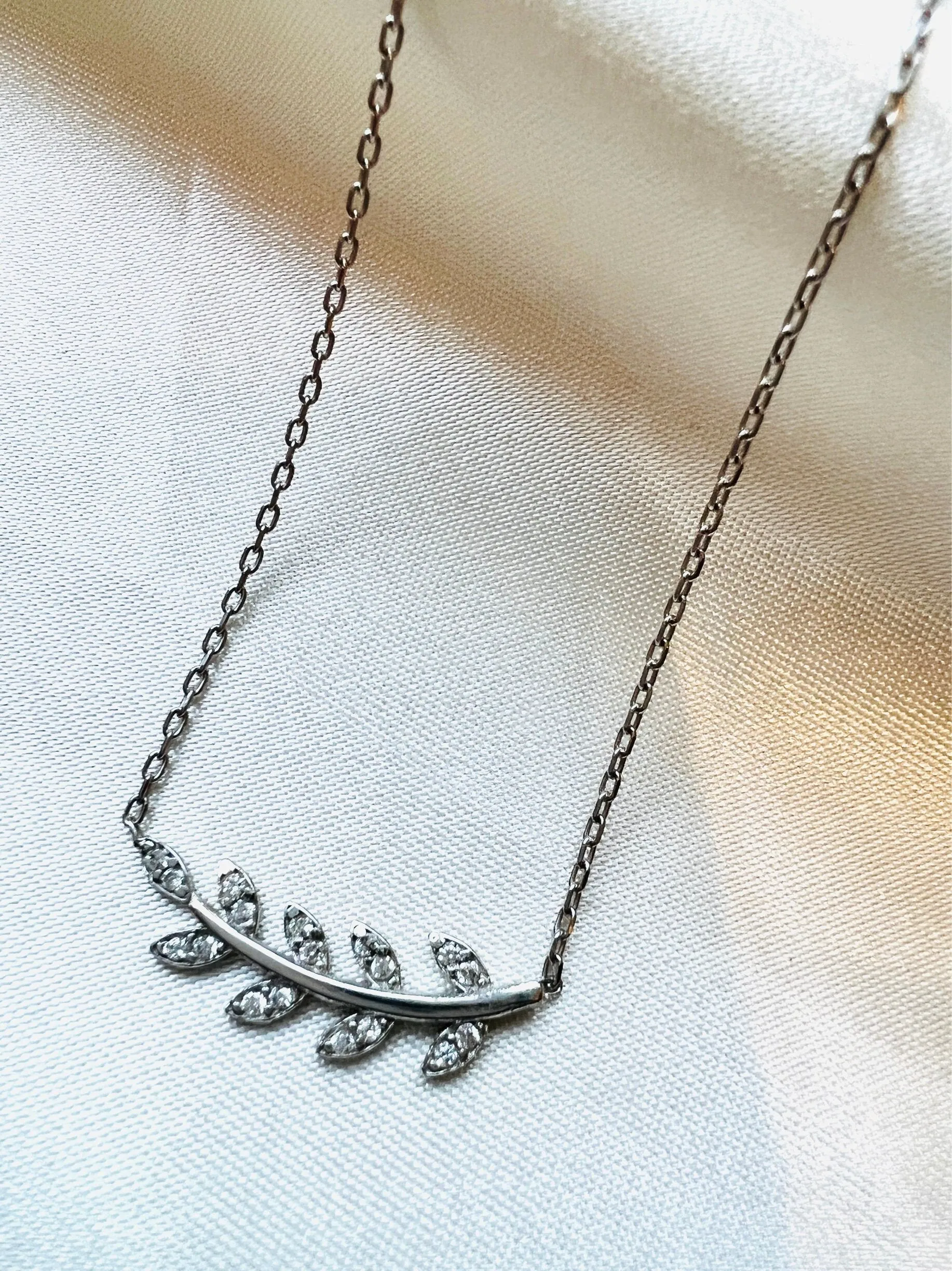 Silver CZ Olive Branch Necklace| Minimalist Floral Necklace| Pave Olive Leaf Pendant| Ancient Greek Jewelry | Diamond Leaf Pendant in Silver