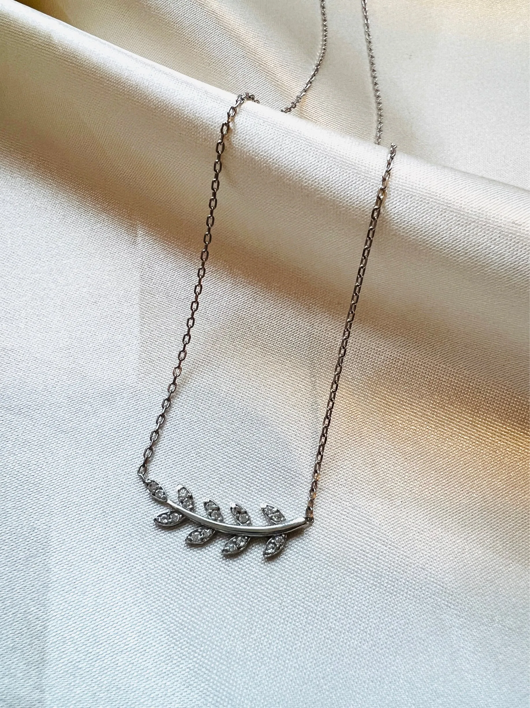 Silver CZ Olive Branch Necklace| Minimalist Floral Necklace| Pave Olive Leaf Pendant| Ancient Greek Jewelry | Diamond Leaf Pendant in Silver