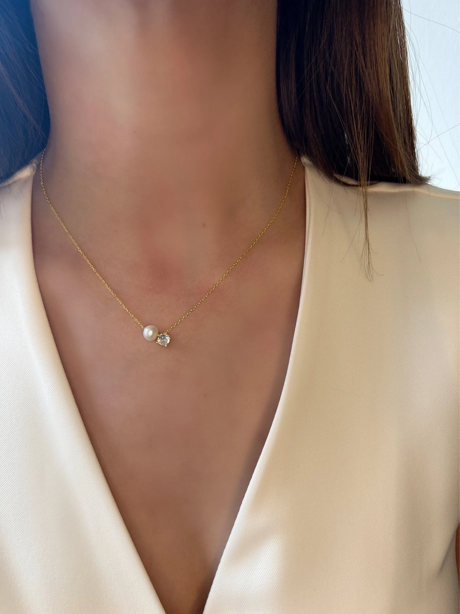 Single Pearl Pendant in Sterling Silver| Simple Pearl and Diamond Necklace| Dainty Pearl and Cz Pendant| Gold Plated Small Pearl Necklace