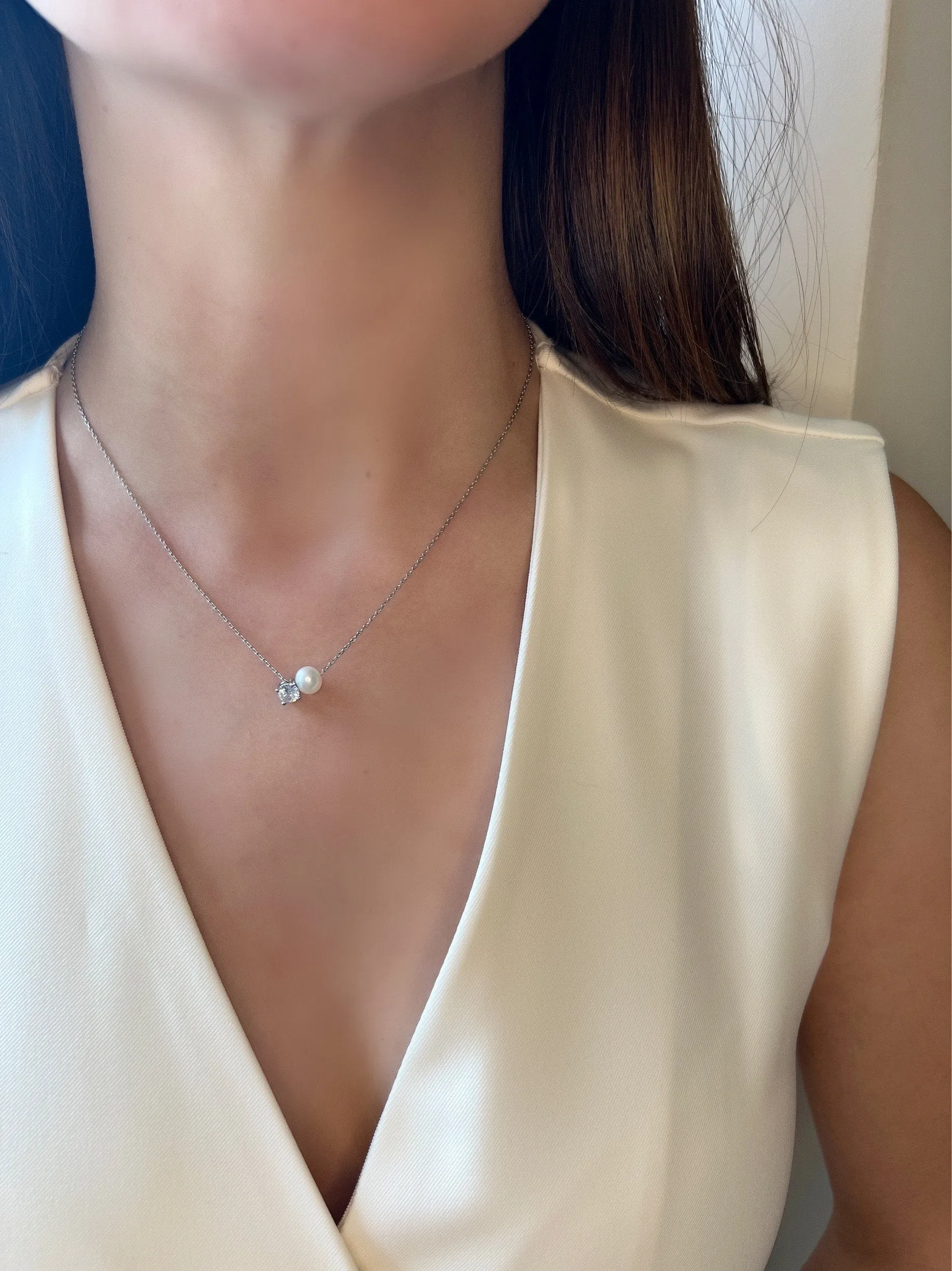 Single Pearl Pendant in Sterling Silver| Simple Pearl and Diamond Necklace| Dainty Pearl and Cz Pendant| Gold Plated Small Pearl Necklace